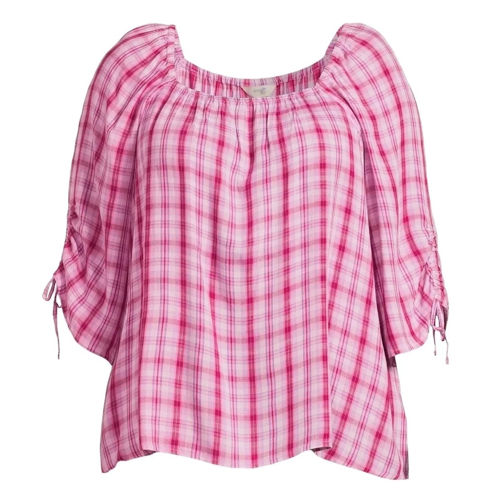 Terra & Sky Women's Red Plaid Square Neck Ruched Top Size 1X (16W-18W) NWT